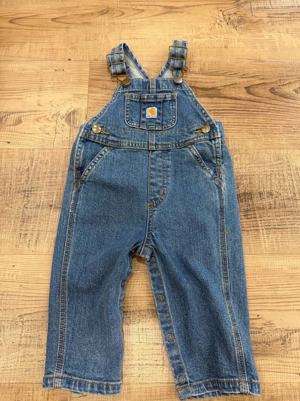 Carhartt Blue Denim Baby Toddler Overalls Size 9 month snap and adjustable
